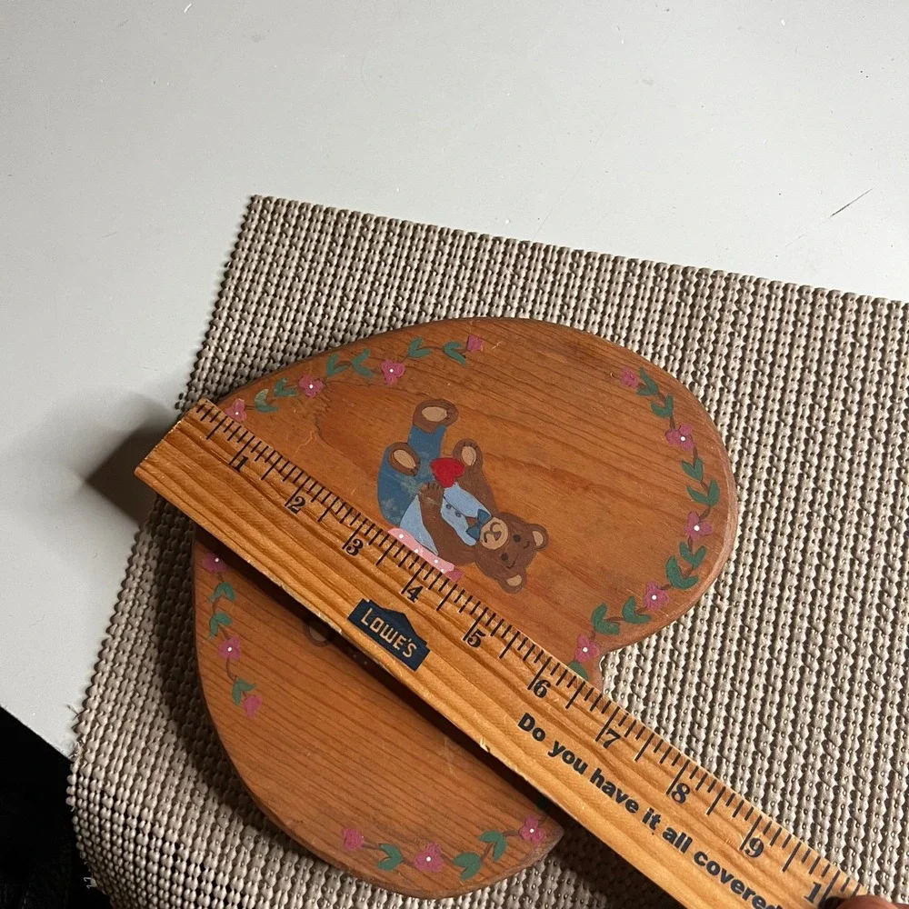 Vintage Hand Painted Wooden Heart Wall Plaque Teddy Bear Folk Art Country Decor